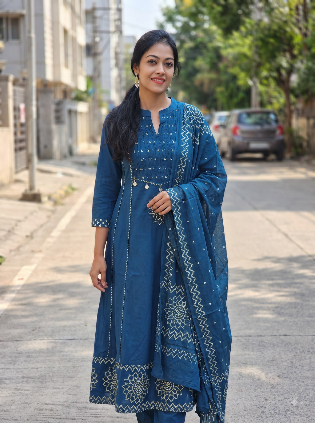 Pure Cotton Flared Kurti Pant Dupatta Set 016514