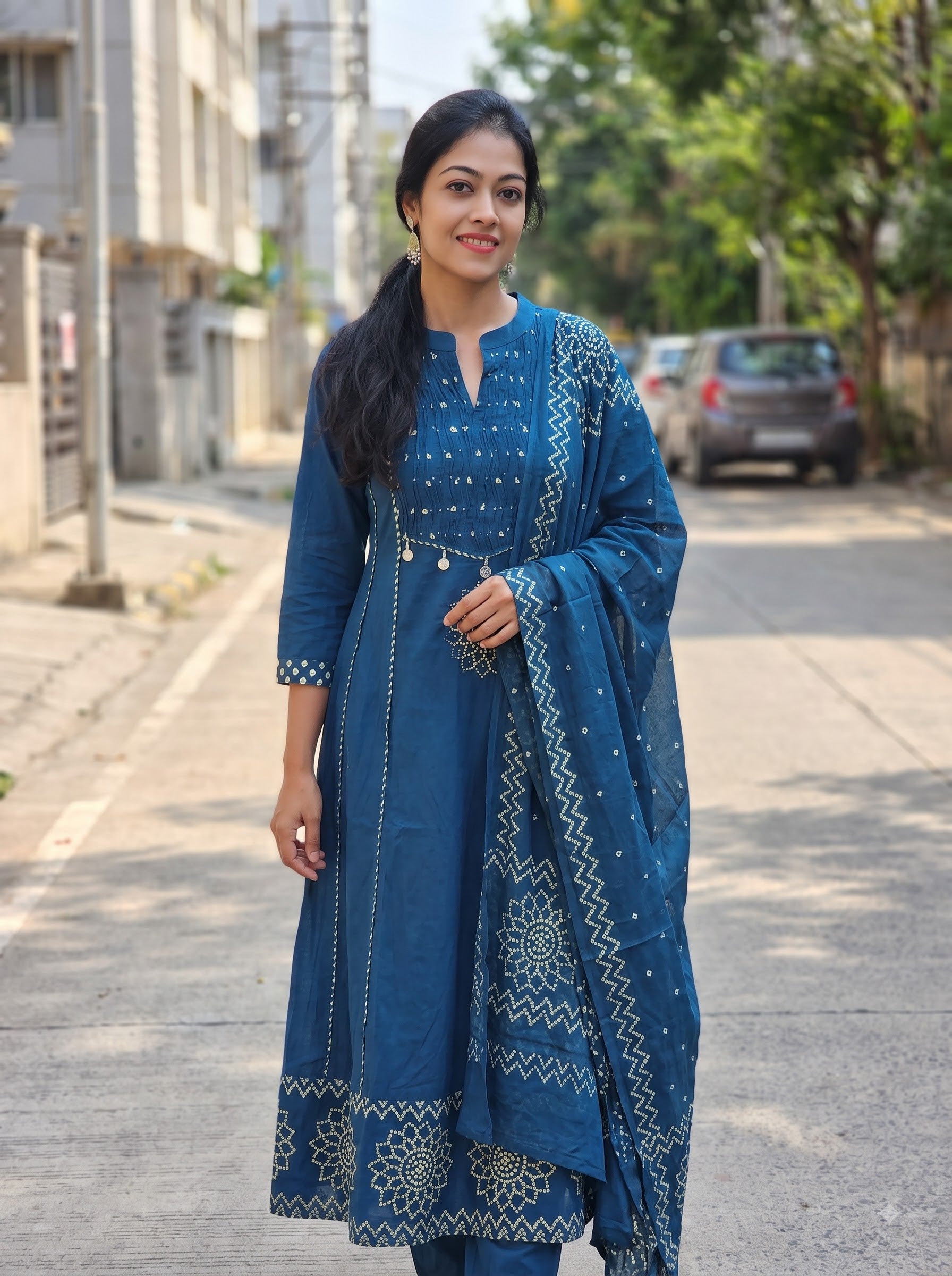 Pure Cotton Flared Kurti Pant Dupatta Set 016514