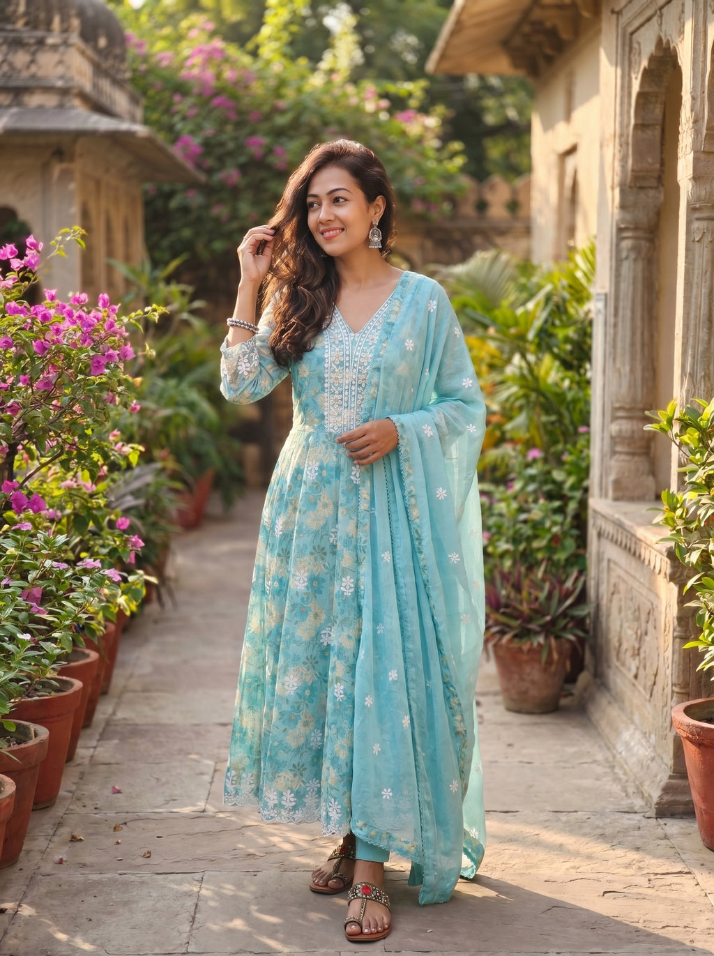Pure Mulmul Cotton Flared Kurti Pant Dupatta Set – Sky Blue Elegance 015997