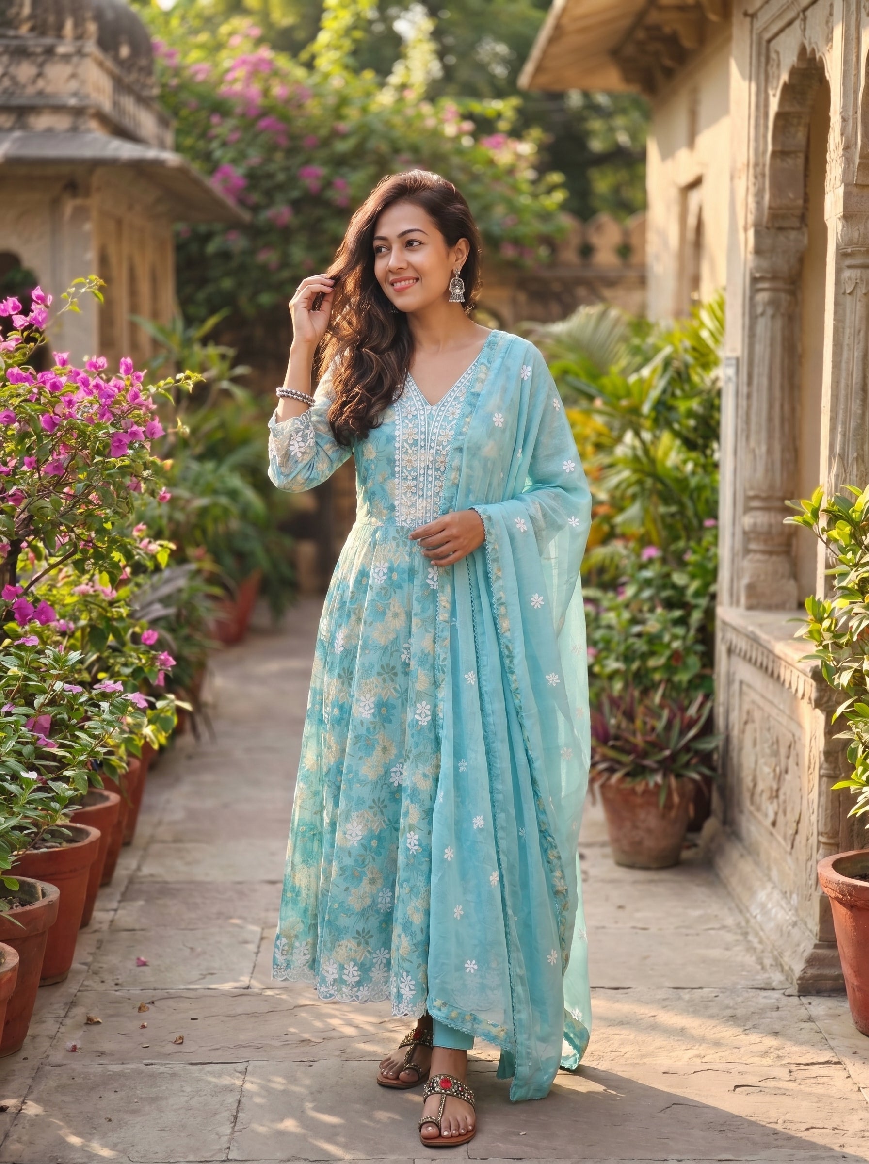 Pure Mulmul Cotton Flared Kurti Pant Dupatta Set – Sky Blue Elegance 015997