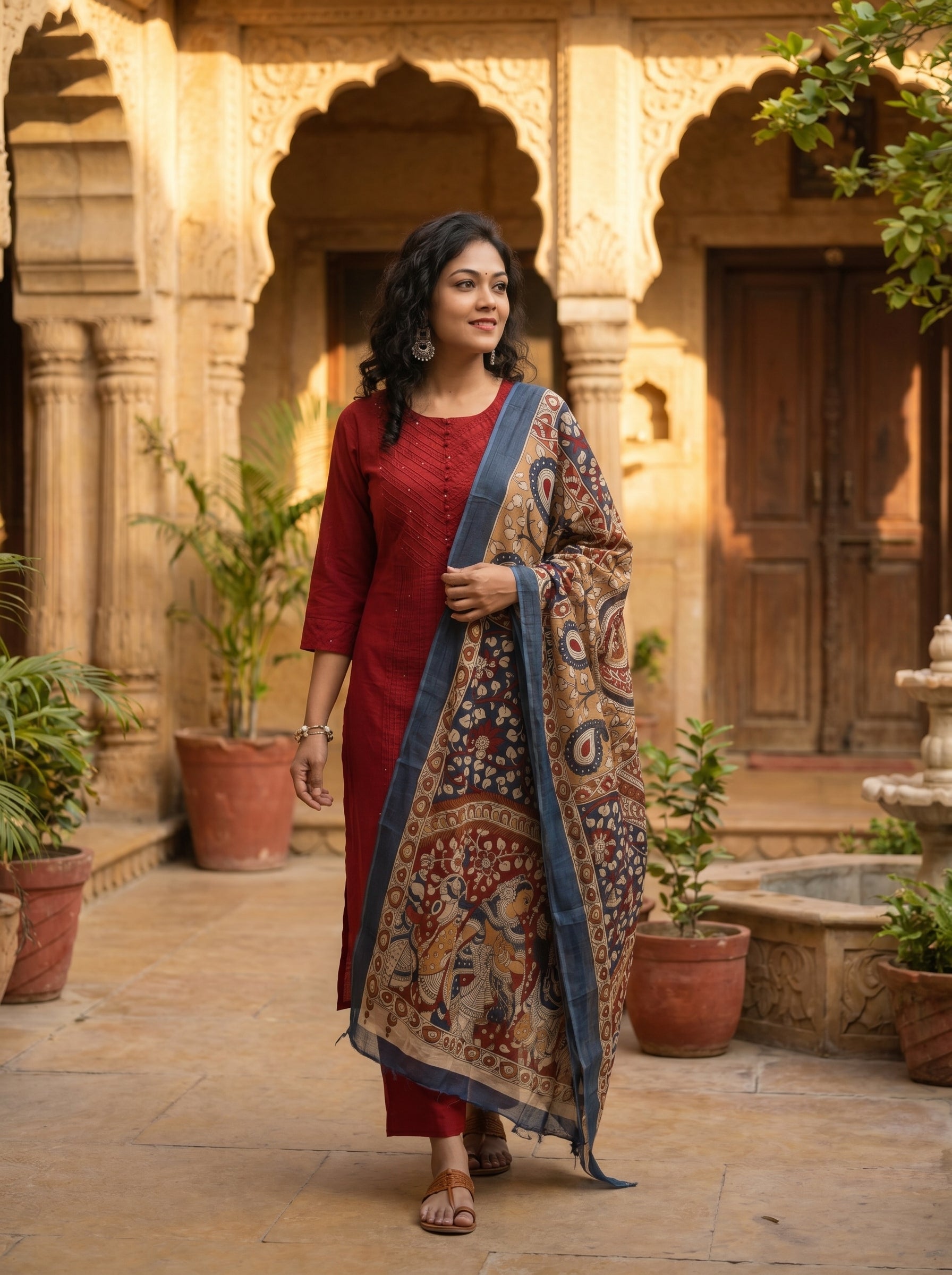 Straight Cotton Kurti Pant Dupatta Set 016001