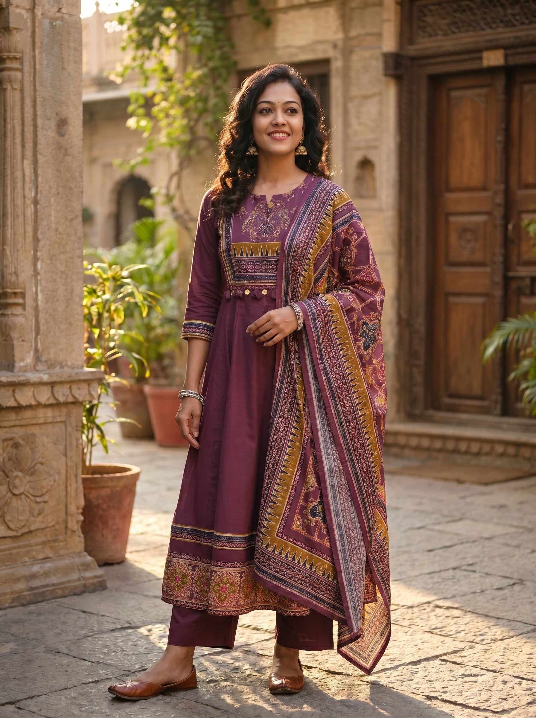 Premium Flared Cotton Kurti Pant Dupatta Set 015998