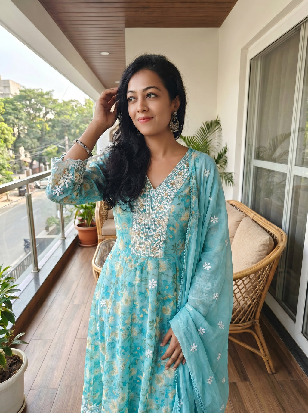 Pure Mulmul Cotton Flared Kurti Pant Dupatta Set – Sky Blue Elegance 015997