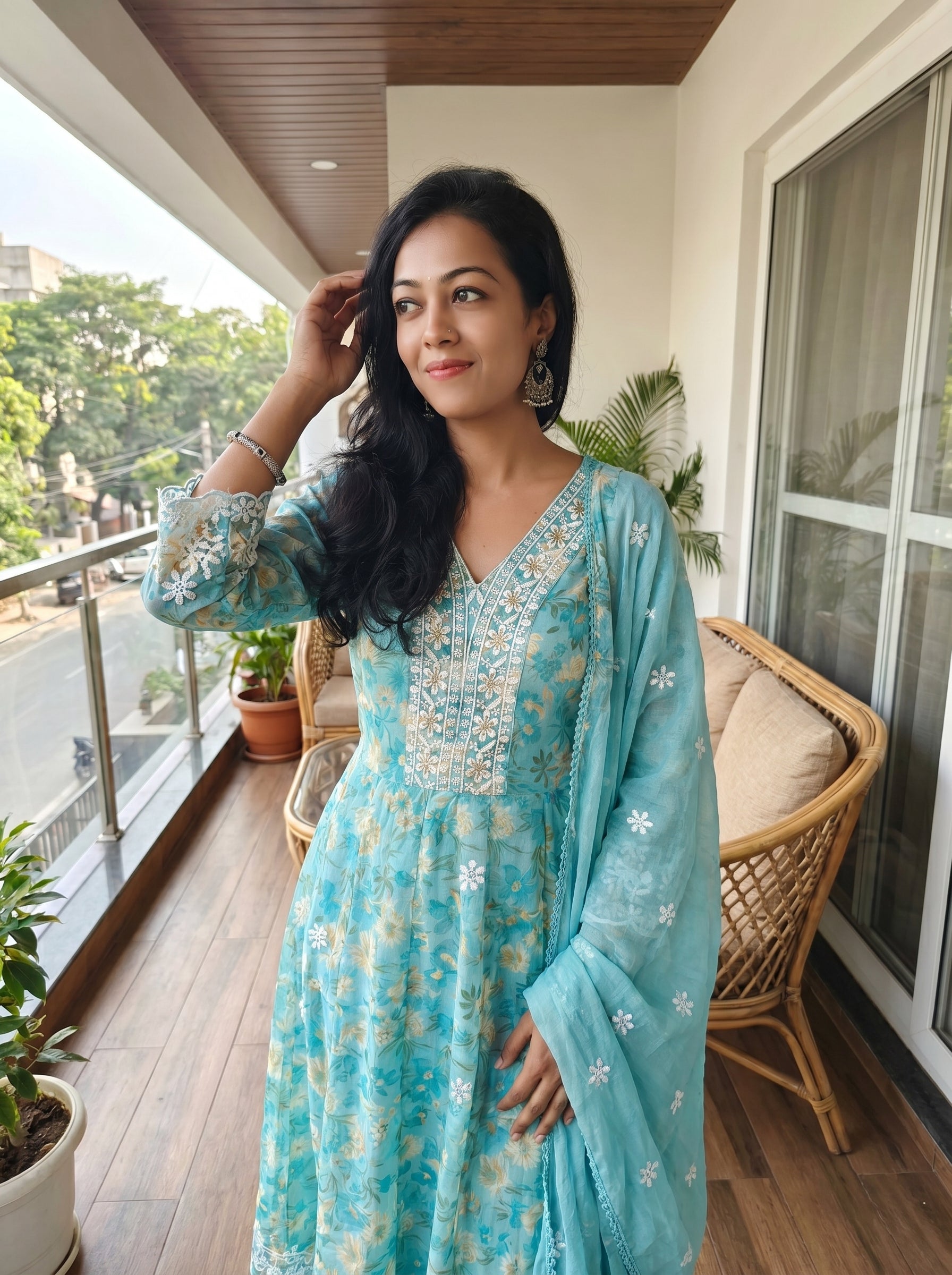 Pure Mulmul Cotton Flared Kurti Pant Dupatta Set – Sky Blue Elegance 015997