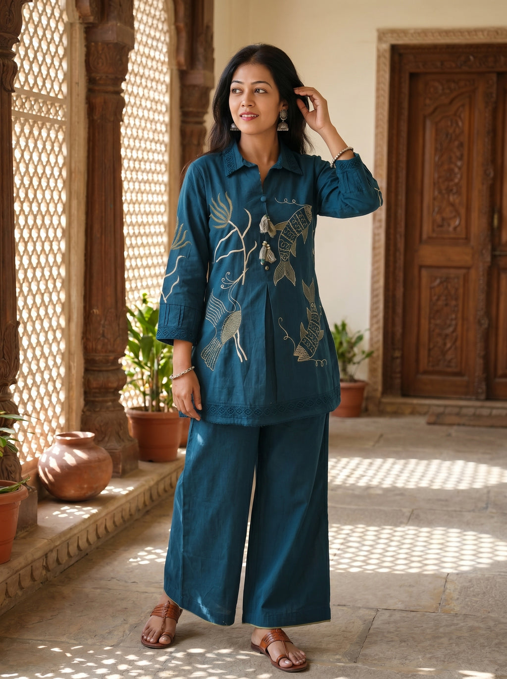 Linen Cotton Embroidered Co-ord Set 016046