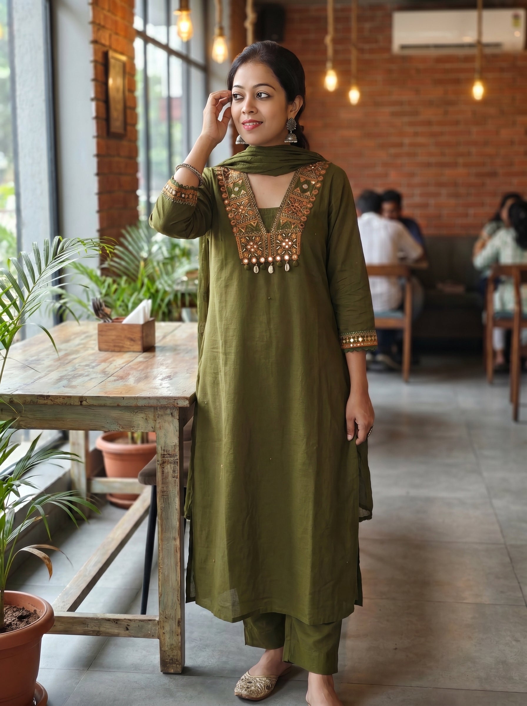 Premium Cotton Embroidered Kurti Pant Dupatta Set 016033