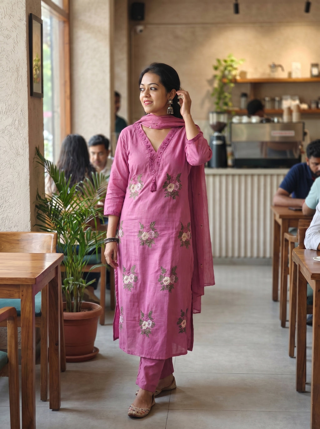 Linen Cotton Embroidered Kurti Pant Dupatta Set 015864
