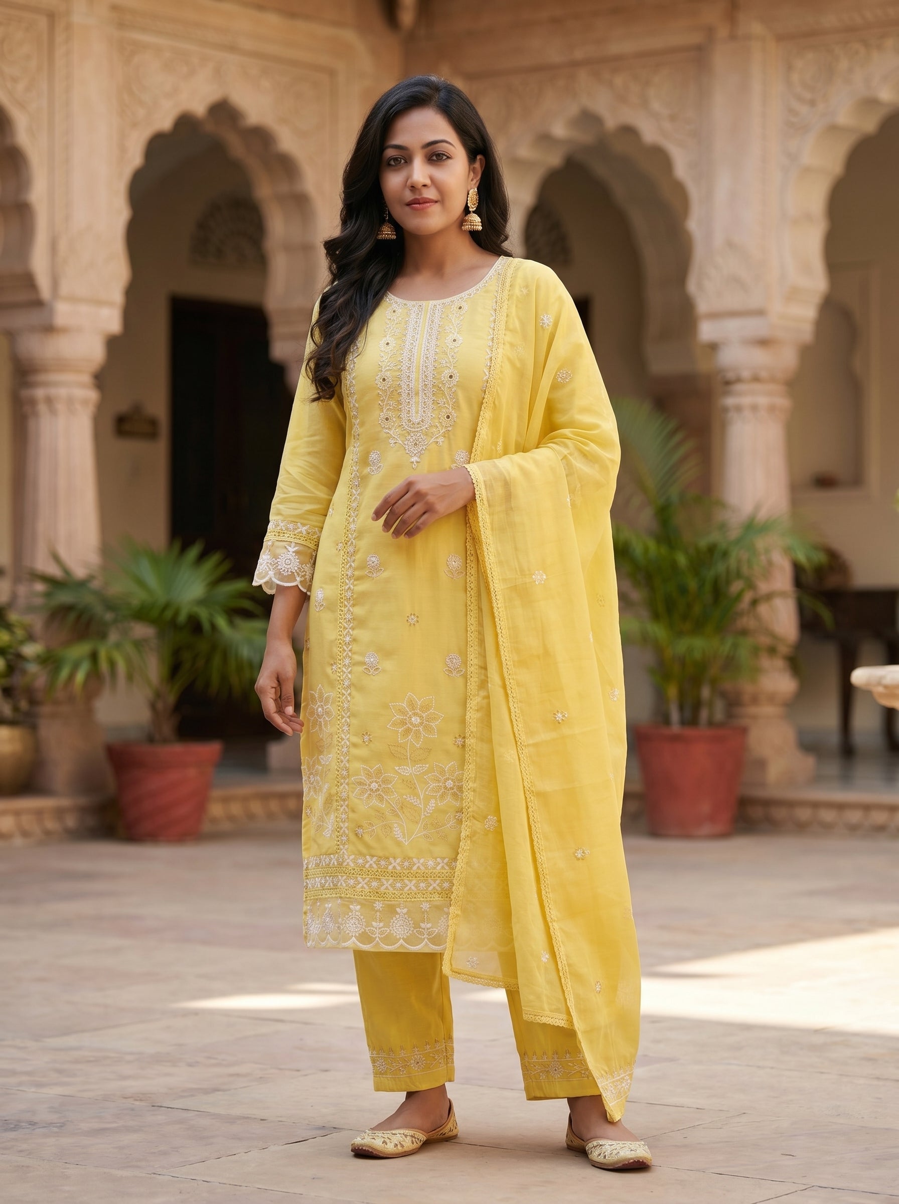 Sunshine Yellow Cotton Kurti Pant Dupatta Set 016087