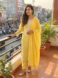 Sunshine Yellow Cotton Kurti Pant Dupatta Set 016087
