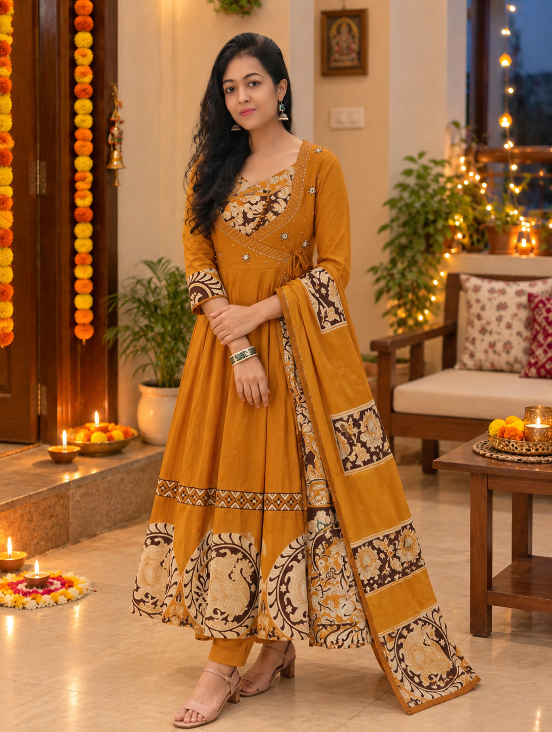 Elegant Emerald  Fully Flared Kurti Set with Kalamkari Print 017100
