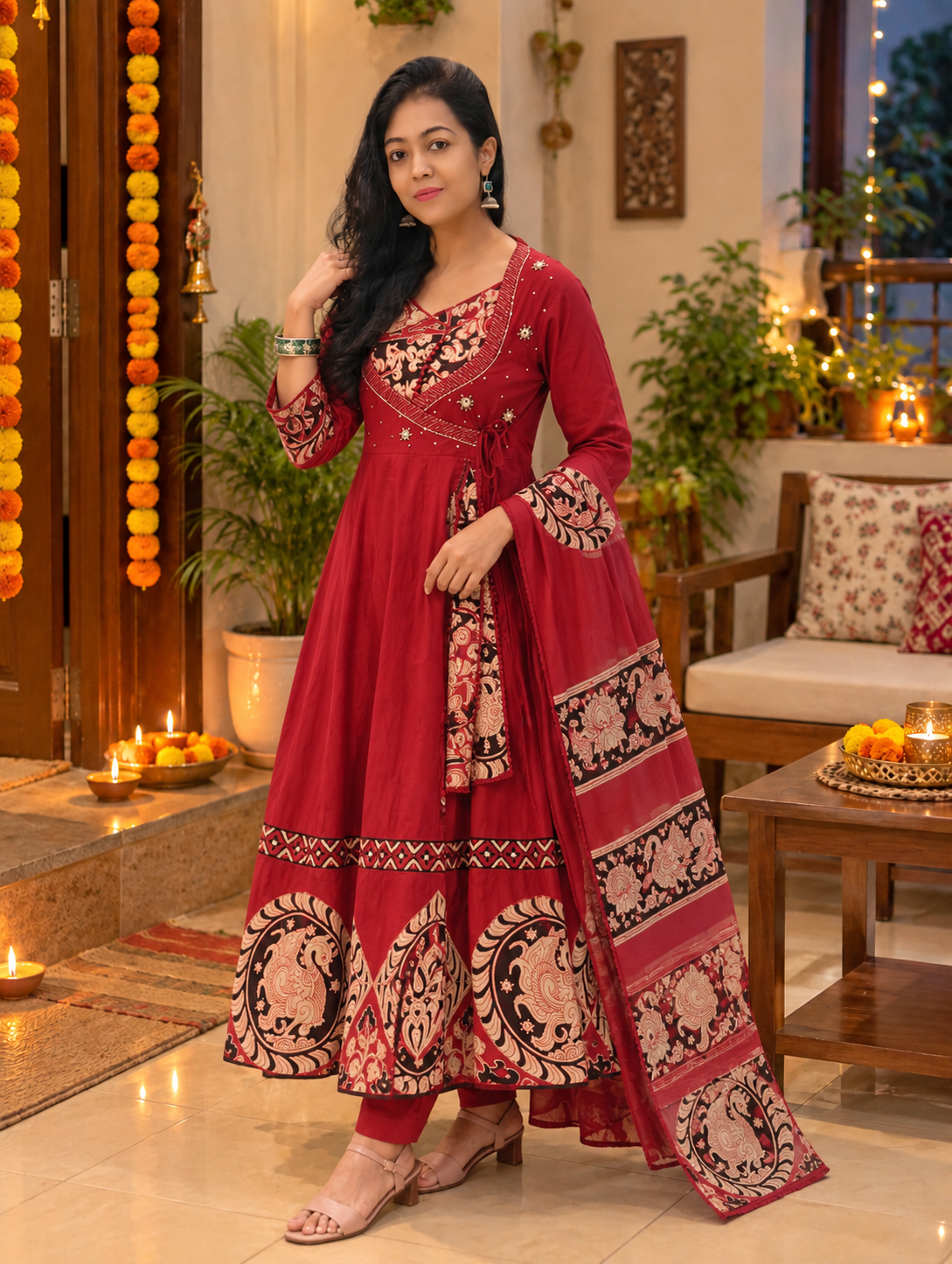 Elegant Emerald  Fully Flared Kurti Set with Kalamkari Print 017103
