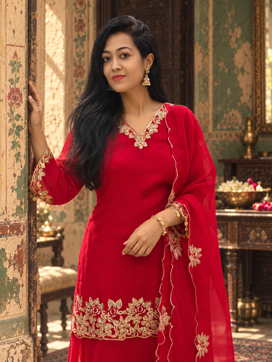 Royal Red Embroidered Chiffon Kurti, Divider & Dupatta Set 017486