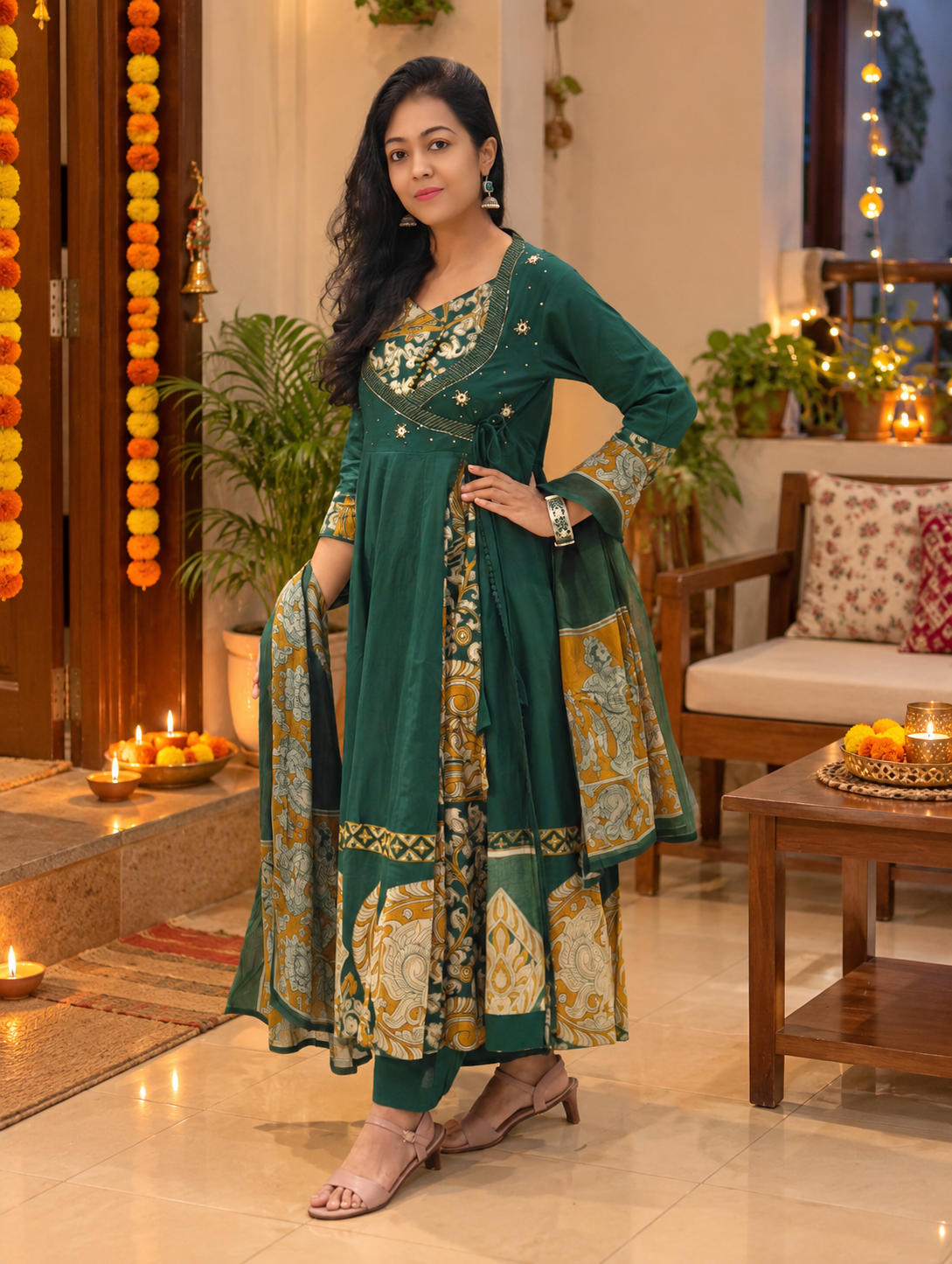 Elegant Emerald  Fully Flared Kurti Set with Kalamkari Print017099
