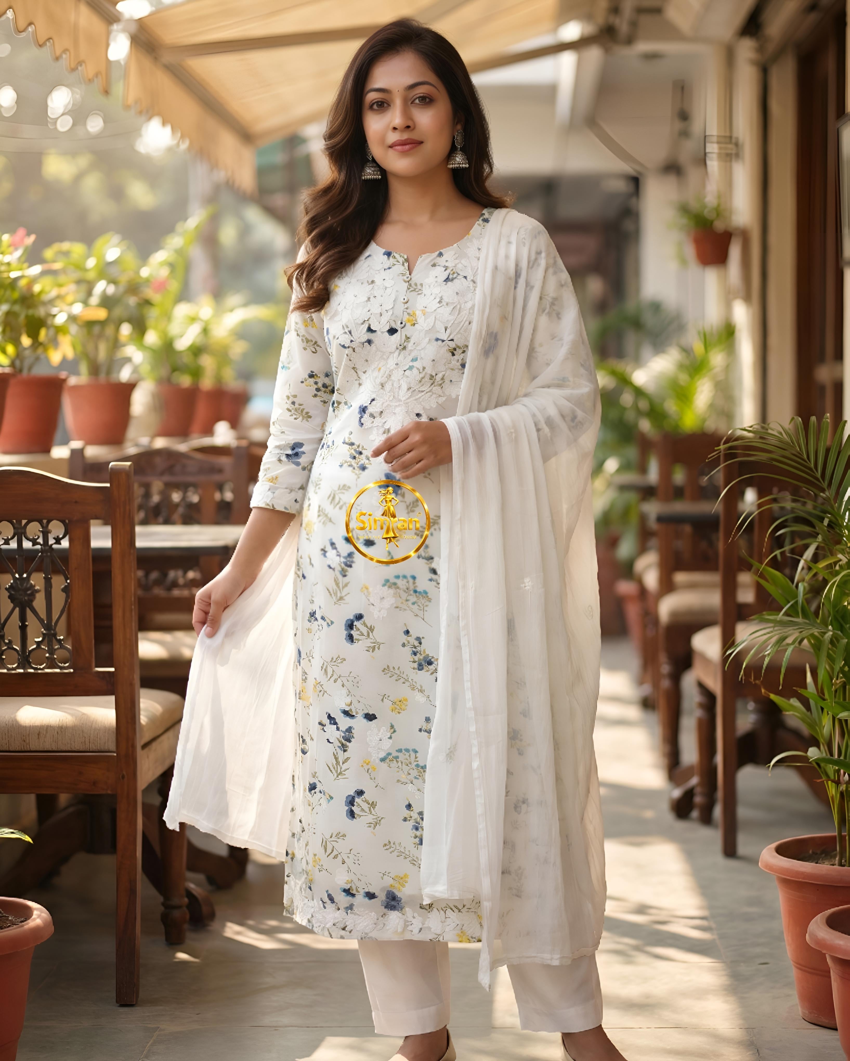 Mulmul Cotton Kurti Pant Dupatta Set 016021