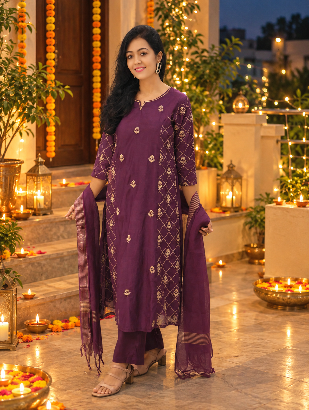 Mulchanderi A-Line Dress with Zari Thread Embroidery 017169