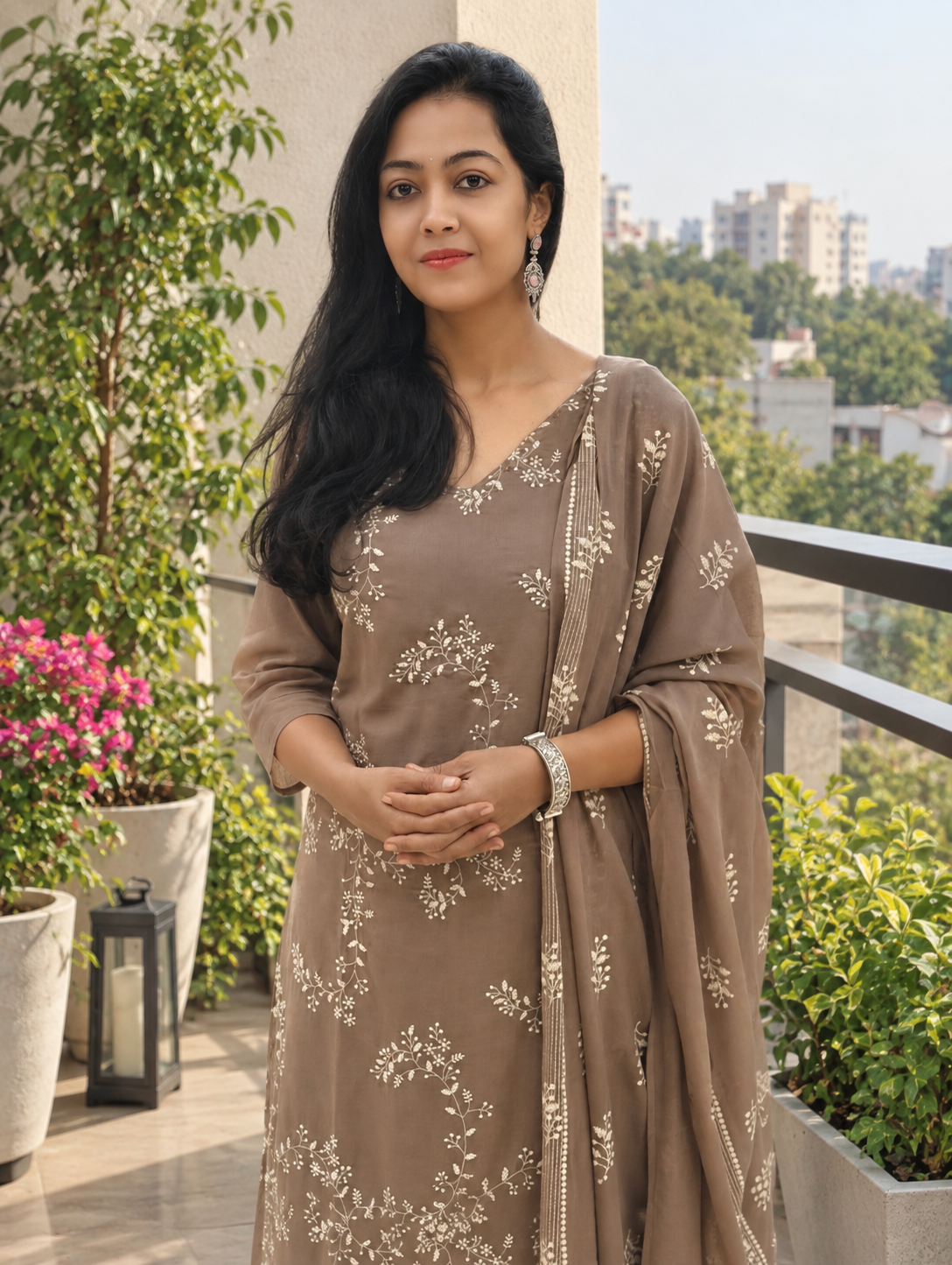 Pure Mulmul Cotton Embroidered Kurti Pant Dupatta Set