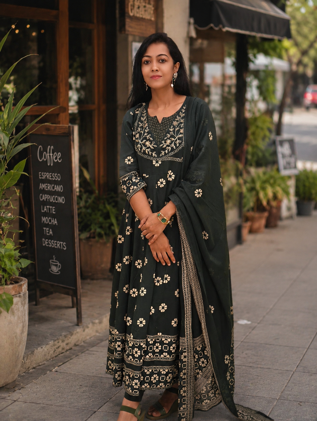 Flared Dark Green Embroidered Cotton Suit Set 016816