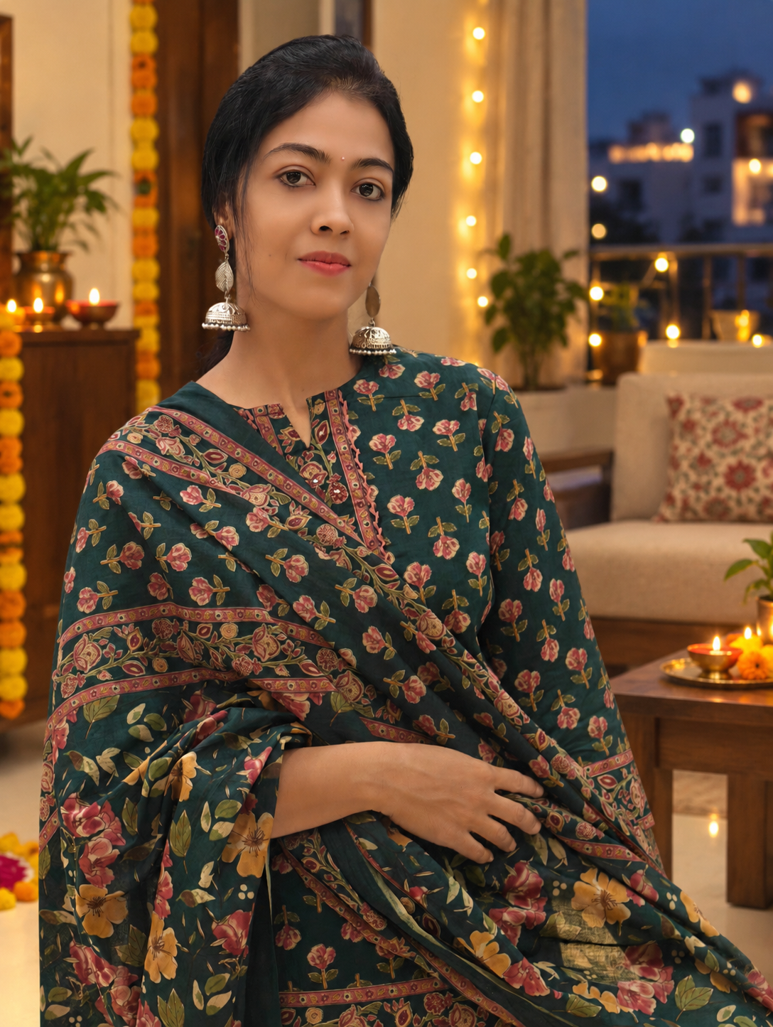 Printed Mid-Length Kurti, Skirt & Dupatta Set 017175