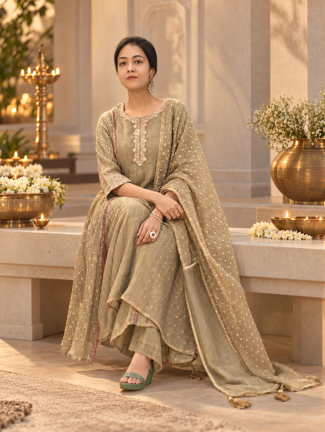 Tissue Silk Flared Kurti, Bottom & Dupatta Set 017416