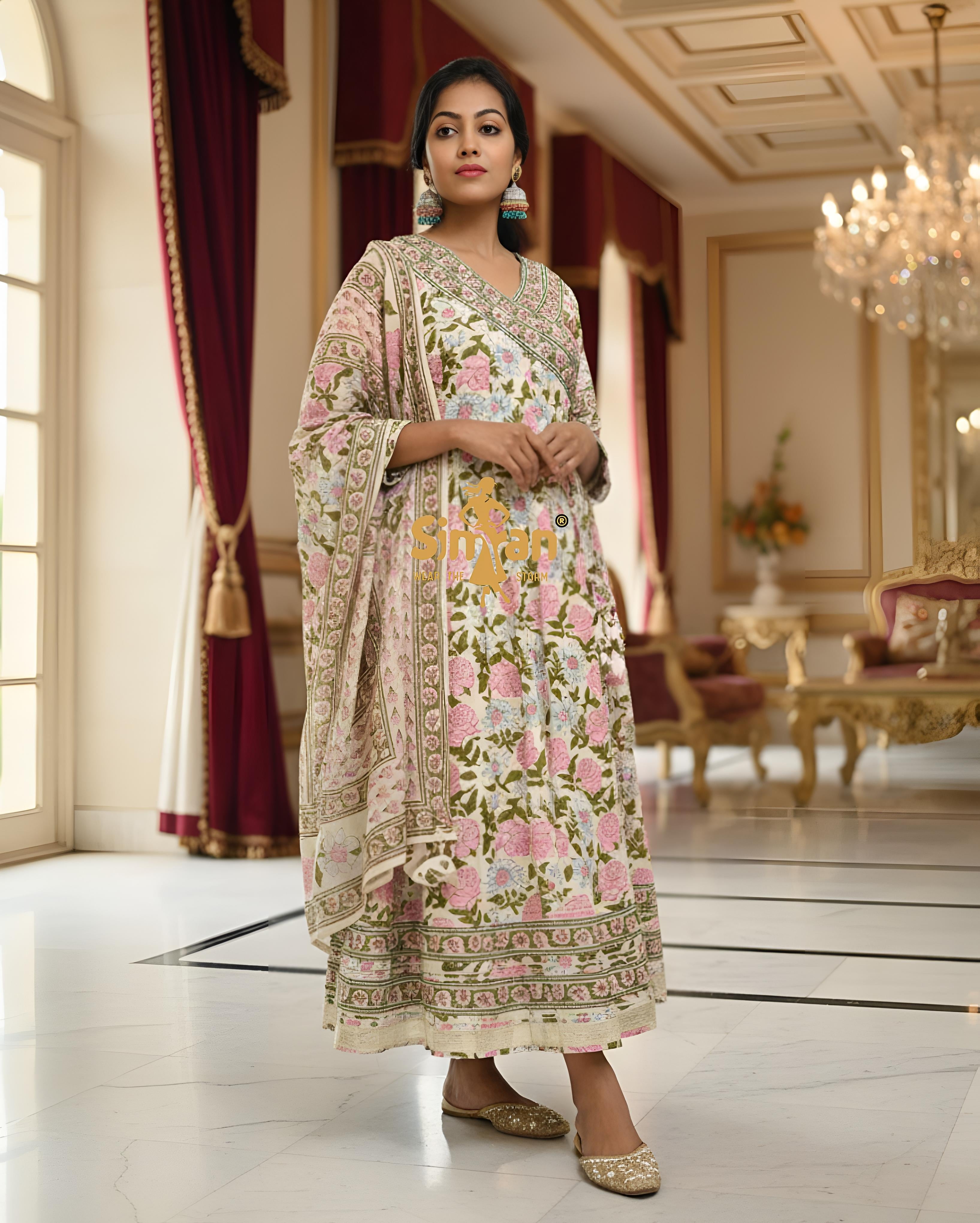 Flared Mulmul Cotton Kurti Pant Dupatta Set 014925