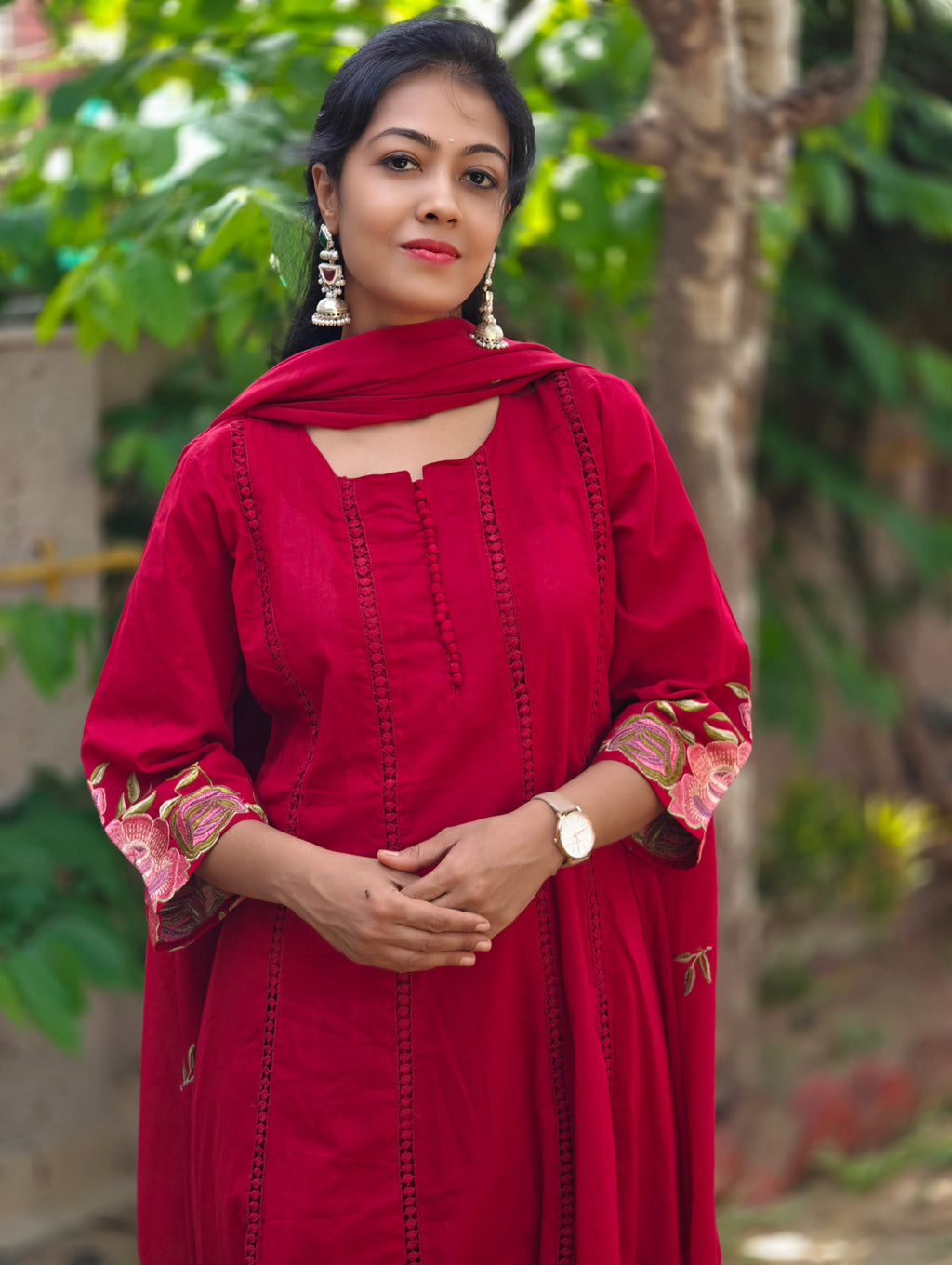 Pure Cotton A-Line Kurti Pant Dupatta Set with Potli Work & Crosia Insertion 016364