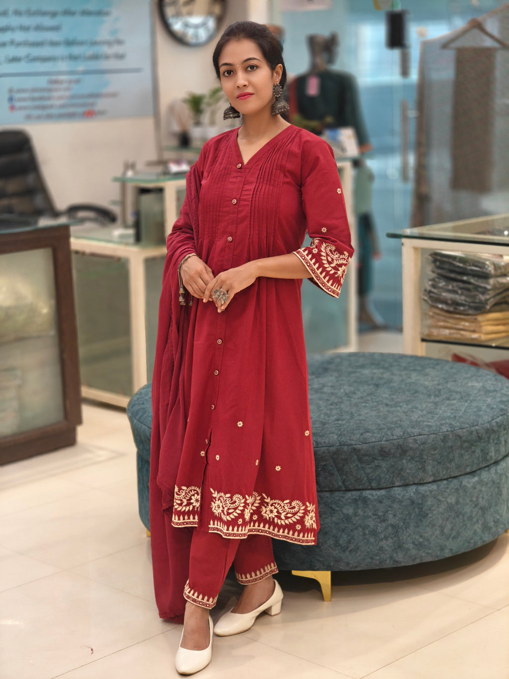 Cotton Flared Kurti Pant Dupatta Set 011819