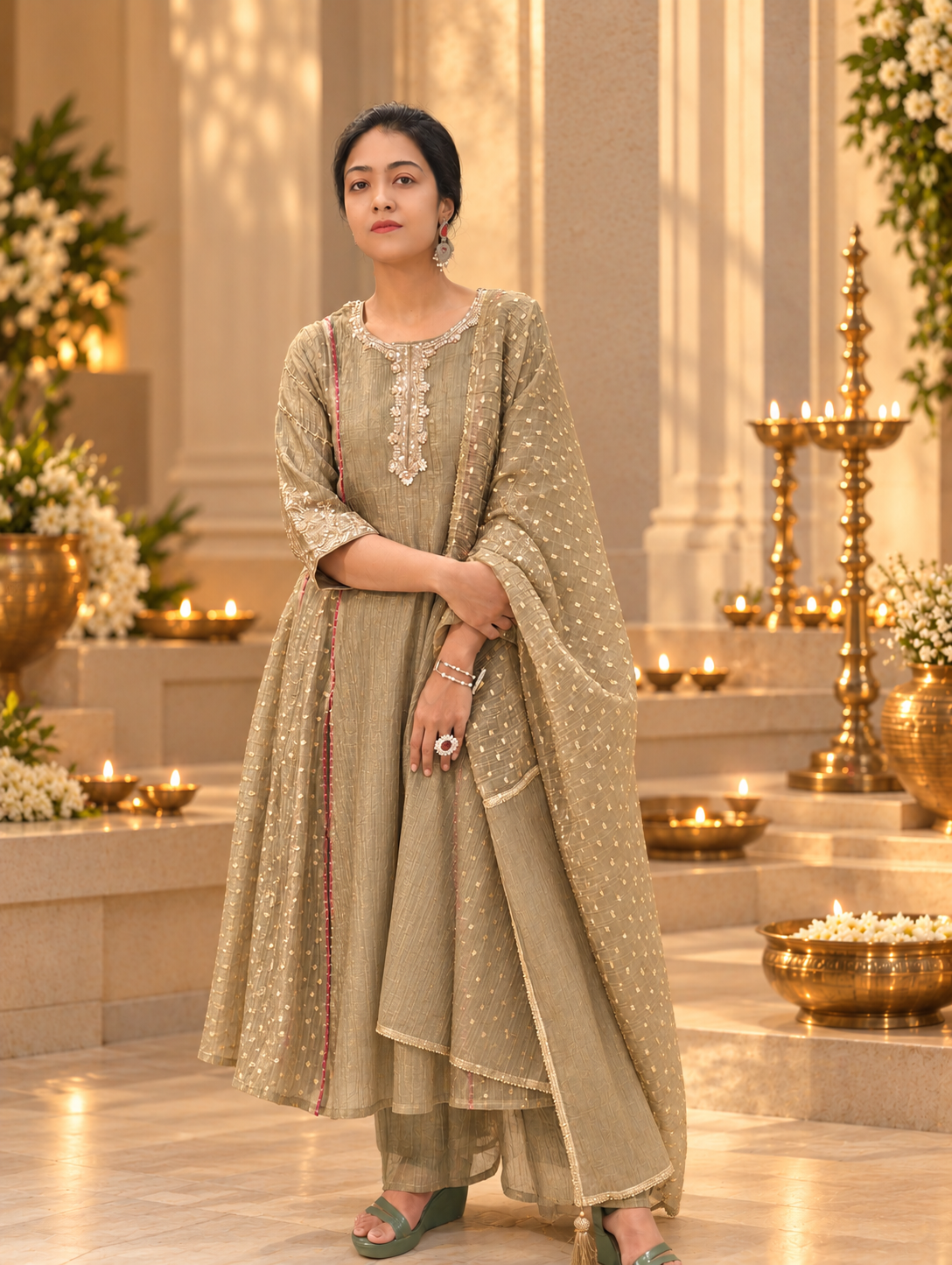 Tissue Silk Flared Kurti, Bottom & Dupatta Set 017416