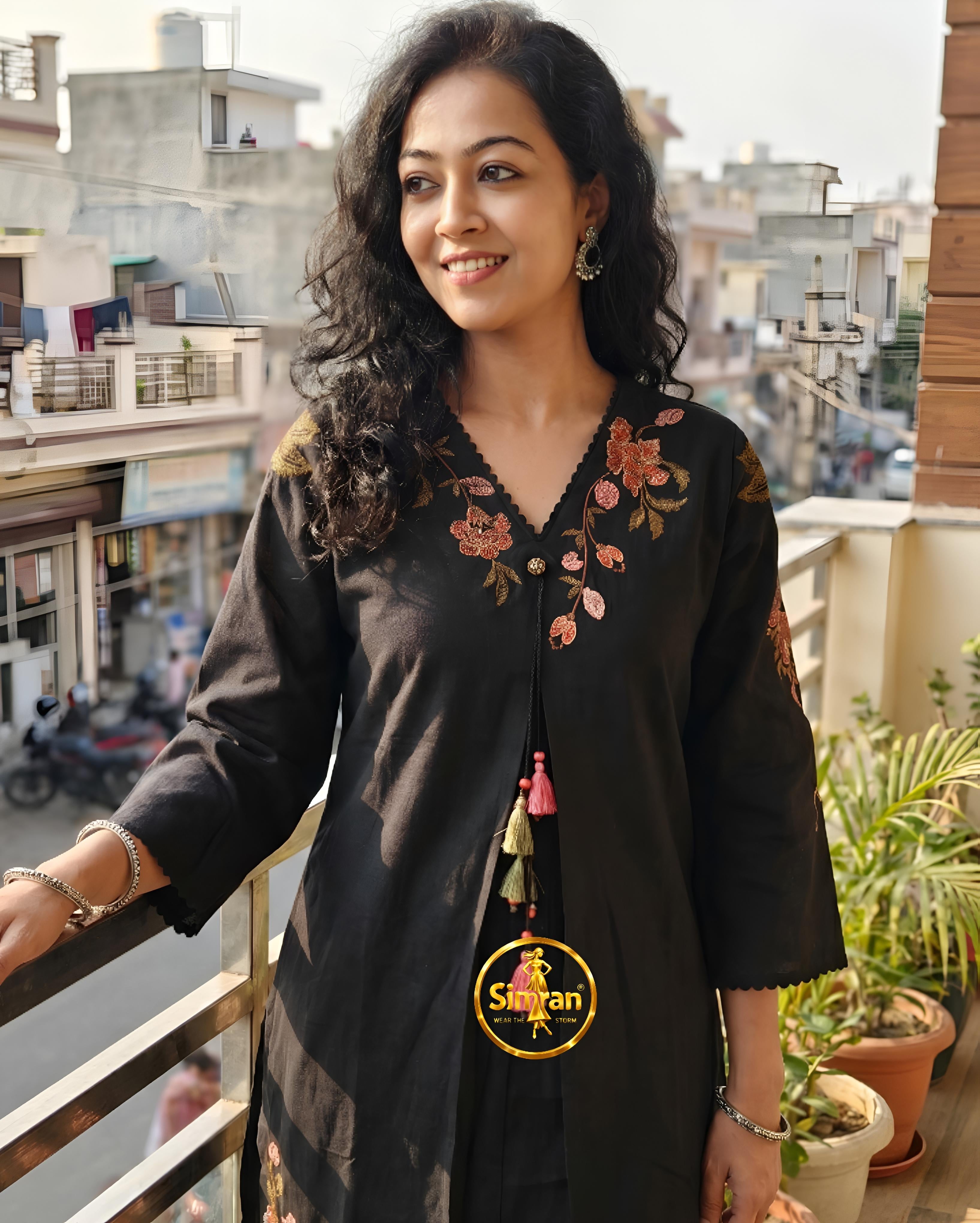 Linen Cotton Embroidered Co-ord Set – Black 016016
