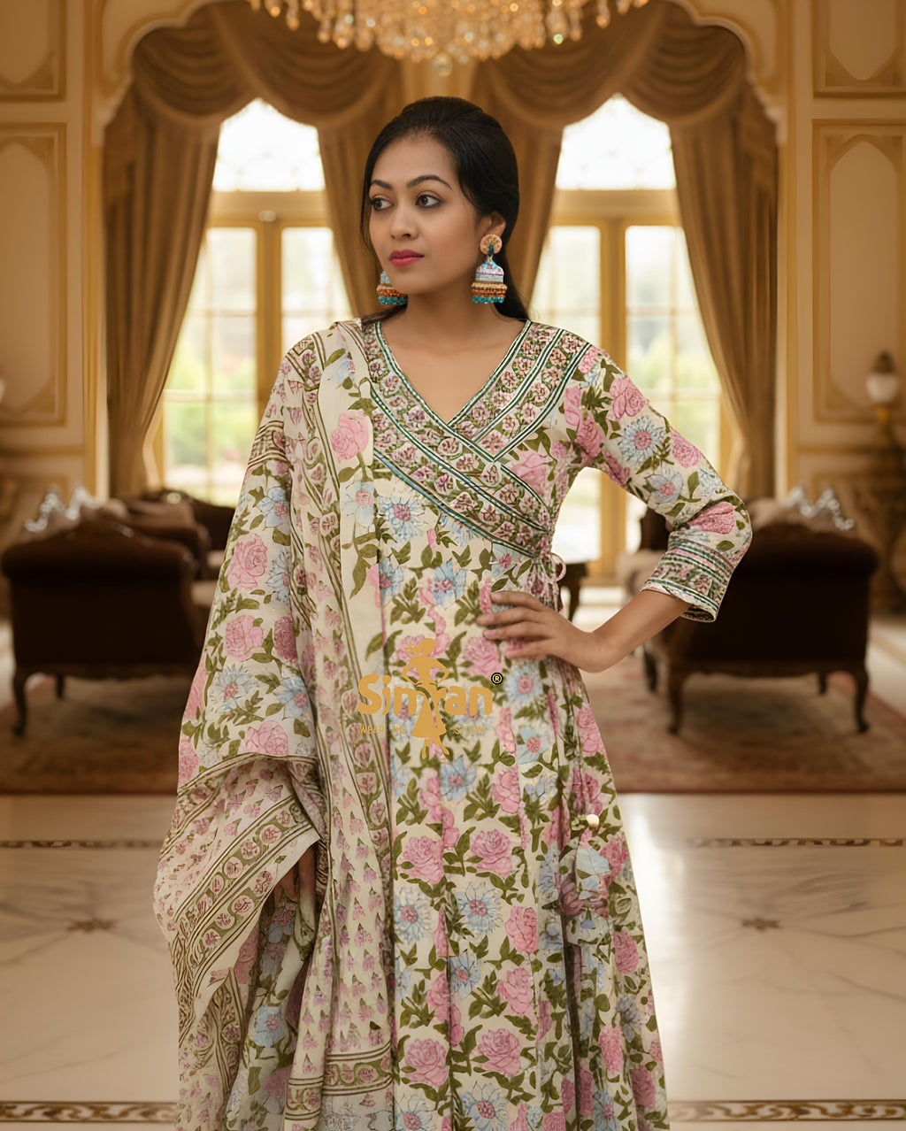 Flared Mulmul Cotton Kurti Pant Dupatta Set 014925