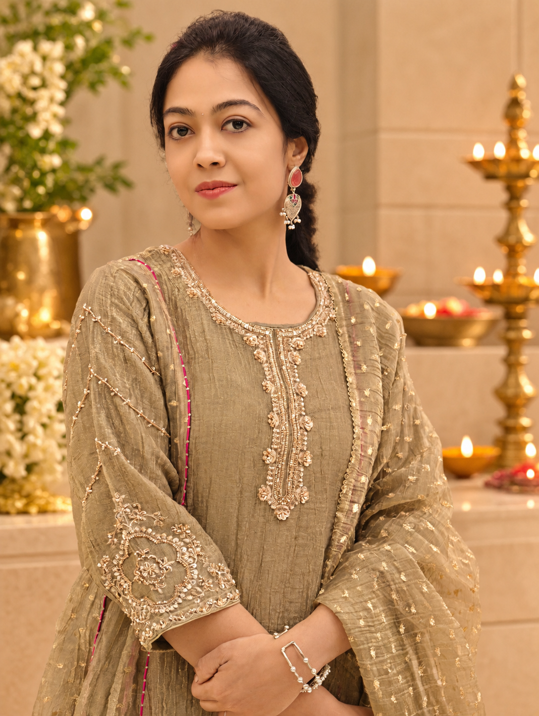 Tissue Silk Flared Kurti, Bottom & Dupatta Set 017416