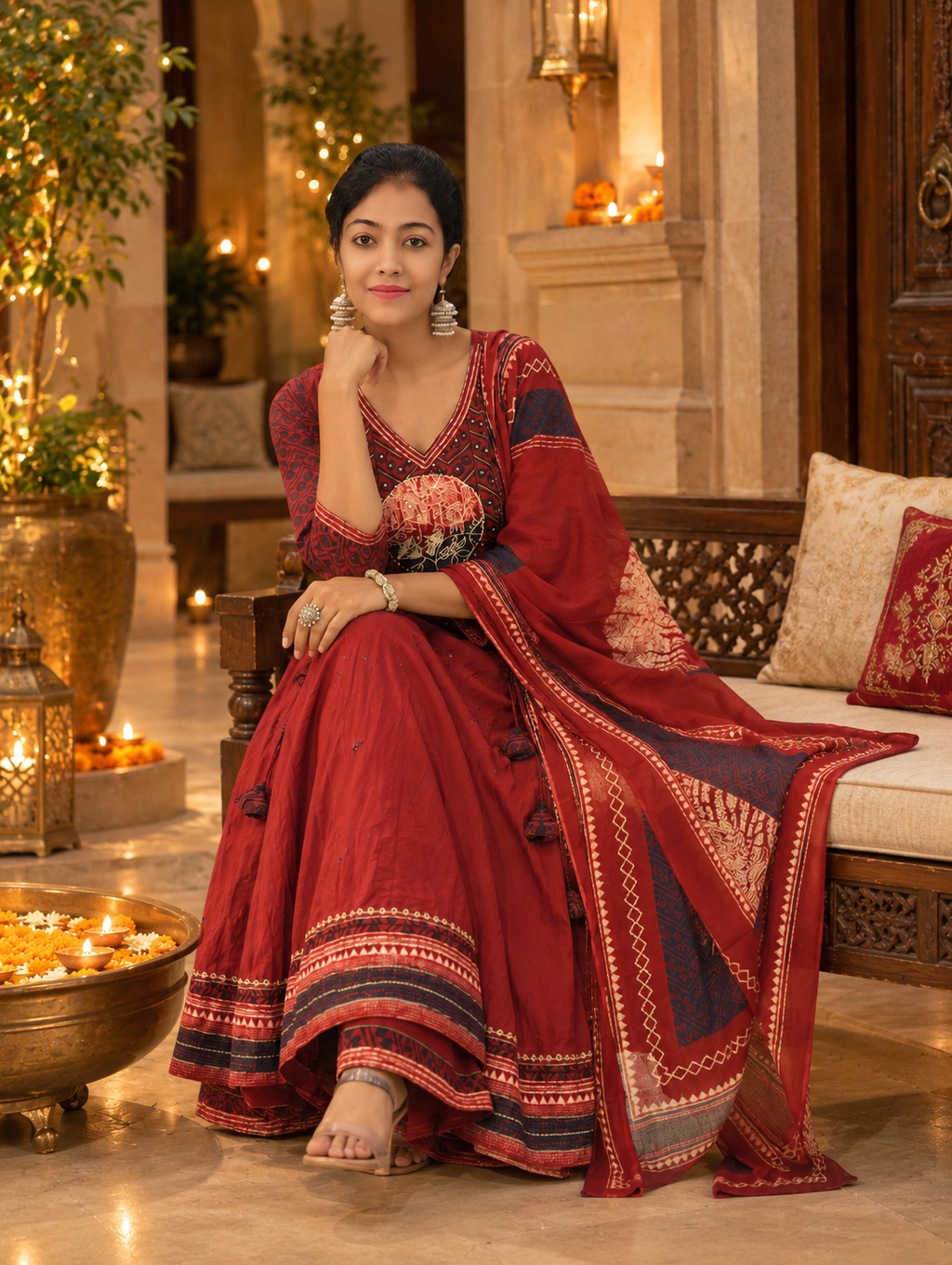 Pure Cotton Maroon Flared Kurti, Palazzo & Dupatta Set ❤️ 017189