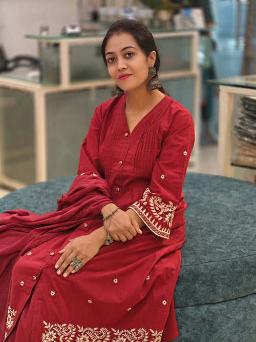 Cotton Flared Kurti Pant Dupatta Set 011819