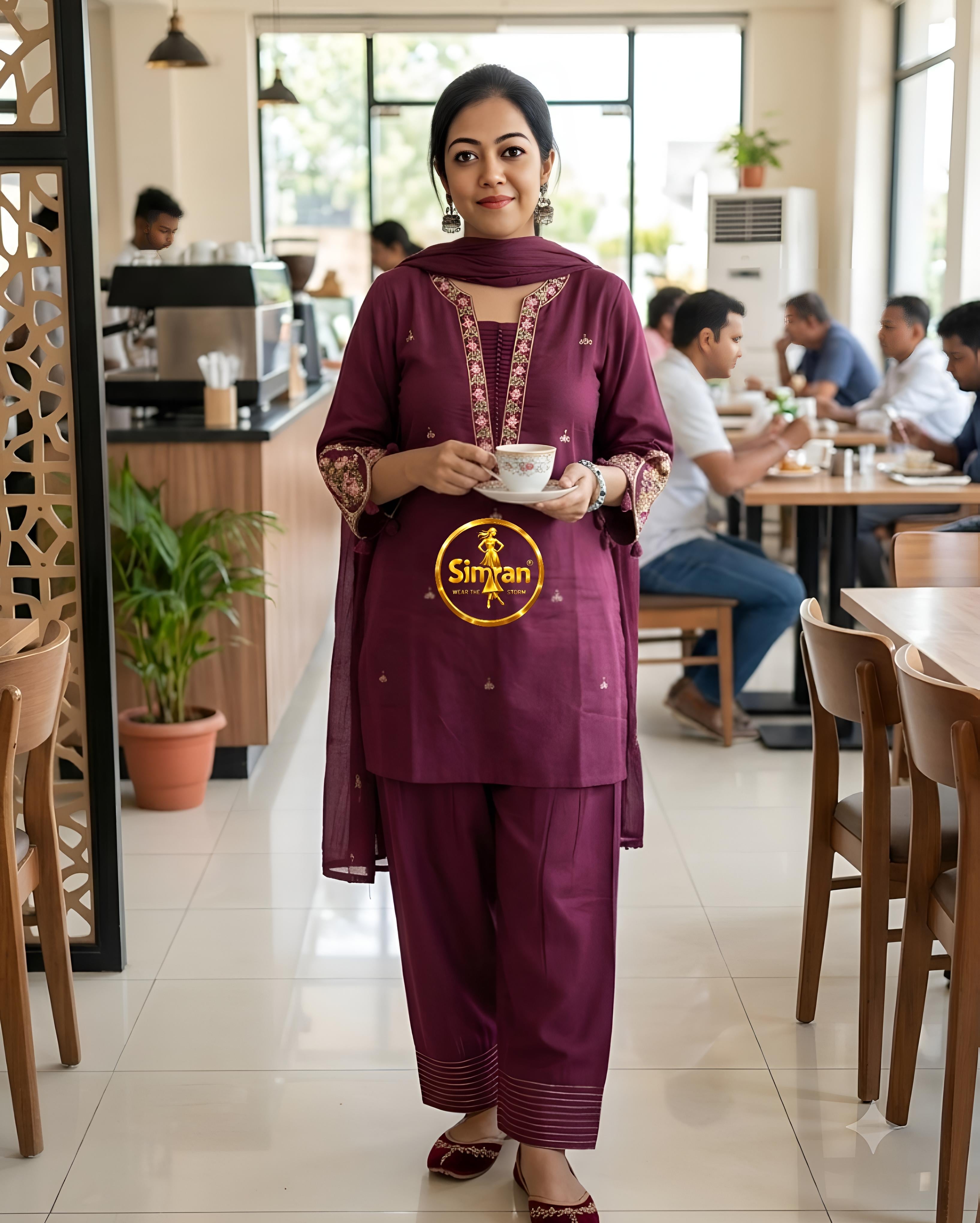 Linen Cotton Embroidered Kurti Set with Farshi Salwar & Dupatta 016479