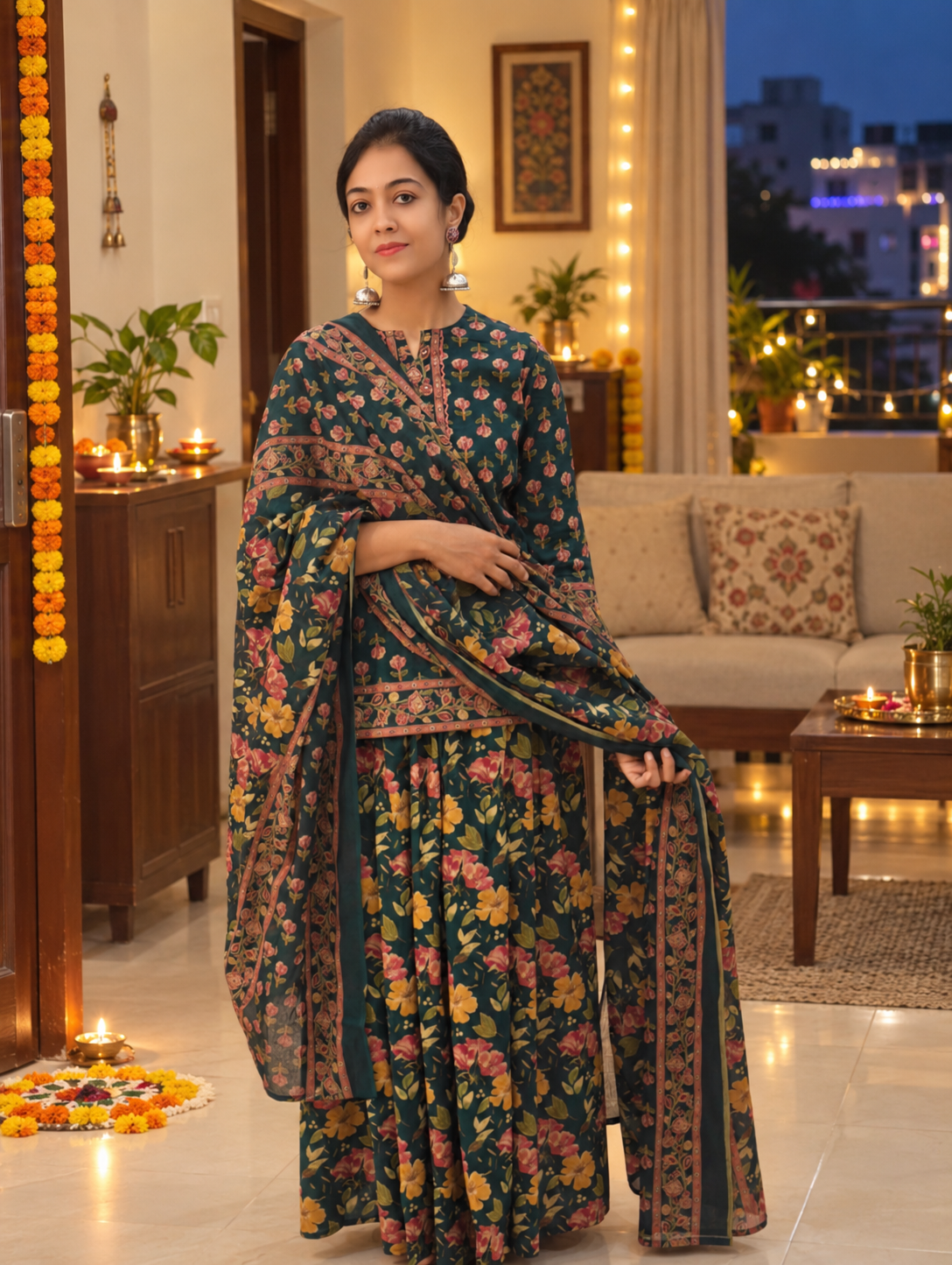 Printed Mid-Length Kurti, Skirt & Dupatta Set 017175