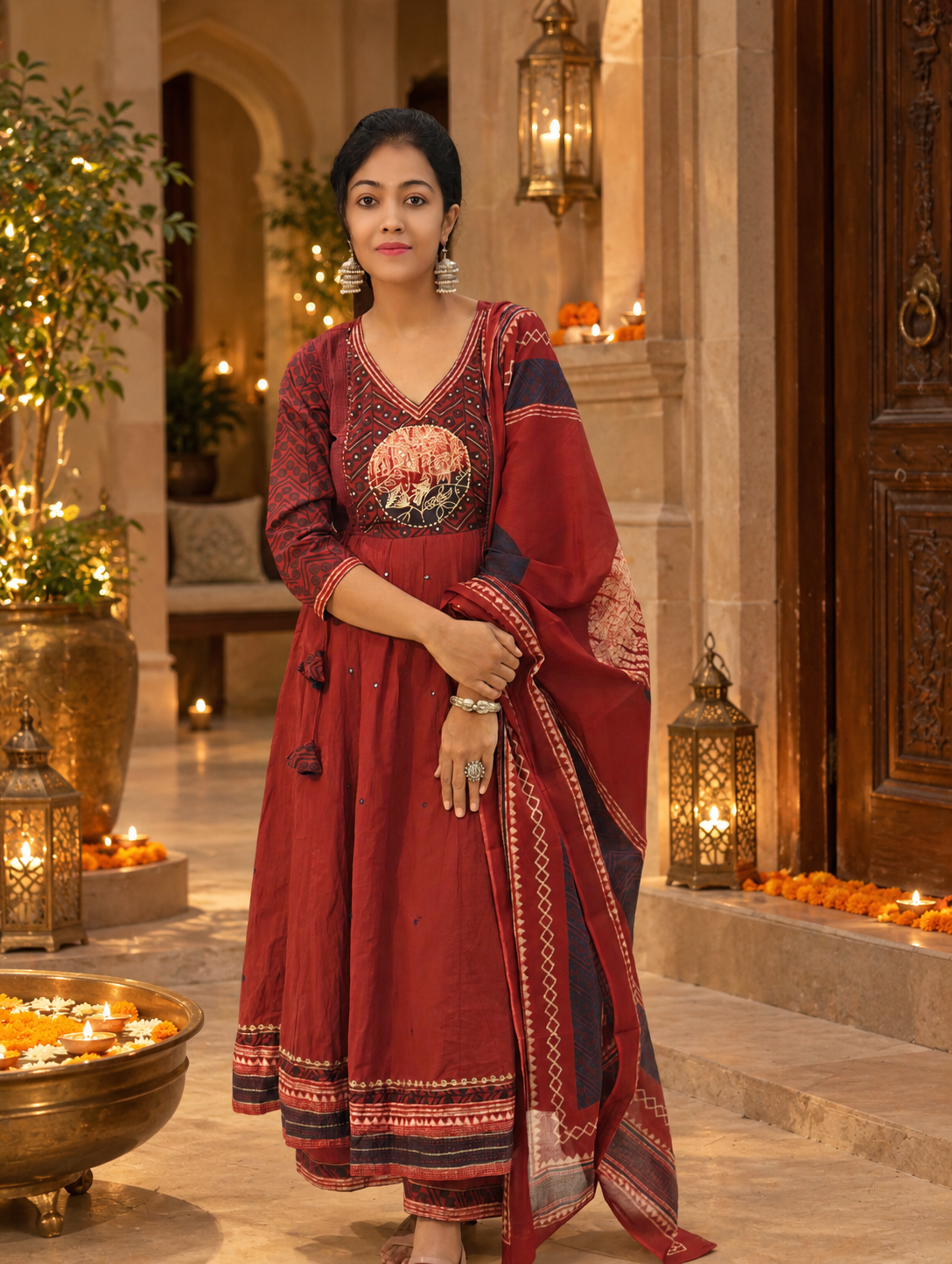 Pure Cotton Maroon Flared Kurti, Palazzo & Dupatta Set ❤️ 017189